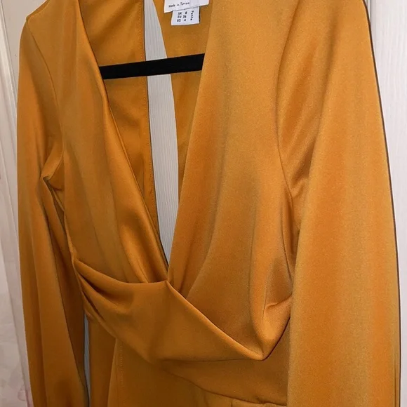 ASOS Design Petite Wrap Plunge Mini Dress with Flute Sleeve in Mustard - Picture 9 of 9